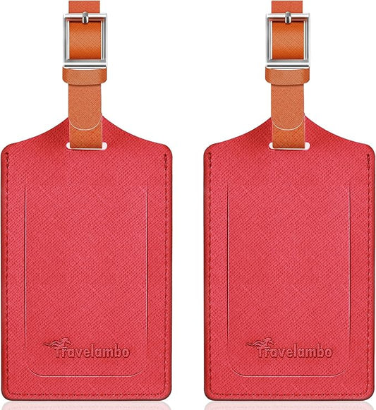 Travelambo Luggage Tags for Suitcases Faux Leather Privacy Protection 2 Pack Bag Tags Travel Accessories Essential, Cross Red