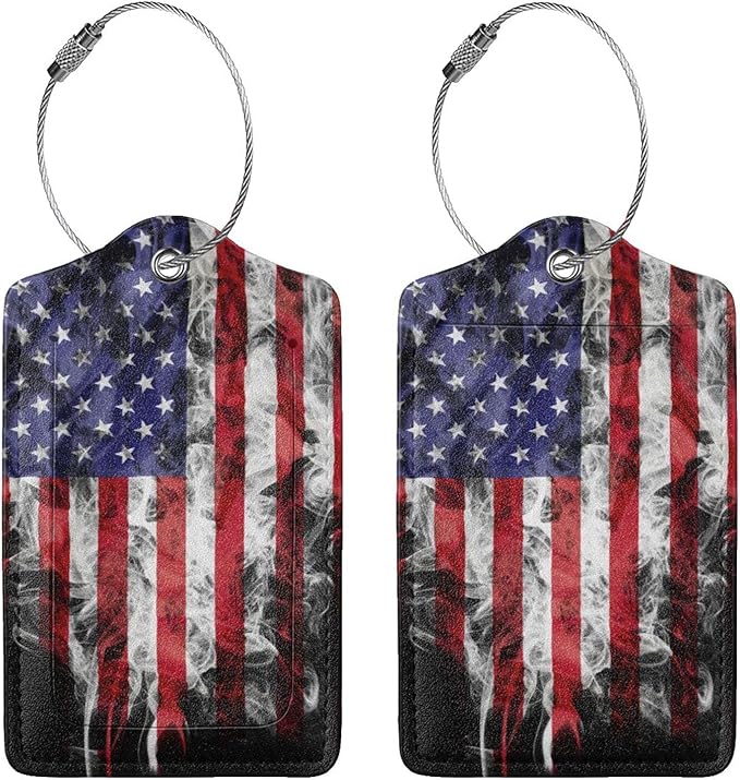 2 Pack American Flag Luggage Tags for Suitcases, Cool Leather Luggage Tag for Travel, Bag Tag Privacy Name ID Card Bag Labels for Friends Adults Kids Tourists