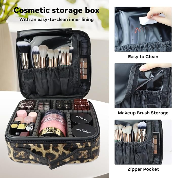 Travel Makeup Bag Makeup Cosmetic Train Case Organizer Portable Storage Bag with Adjustable Dividers for Cosmetics Makeup Brushes Toiletry Jewelry Leopard