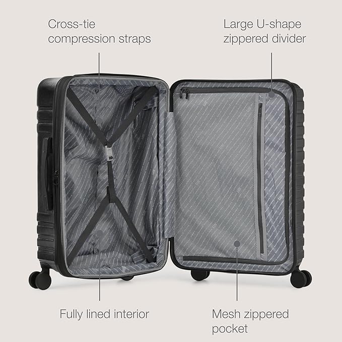 U.S. Traveler Boren Polycarbonate Hardside Rugged Travel Suitcase Luggage with 8 Spinner Wheels, Aluminum Handle, Black, 2-Piece Set, USB Port in Carry-On