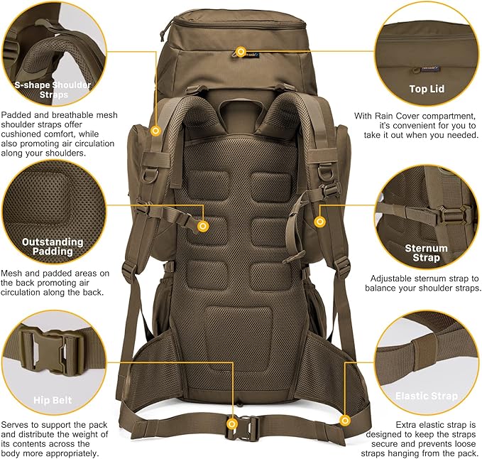 Mardingtop 60L Military Internal Frame Backpack for Hiking,Camping,Hunting,Rucksack Backpack with Rain Cover