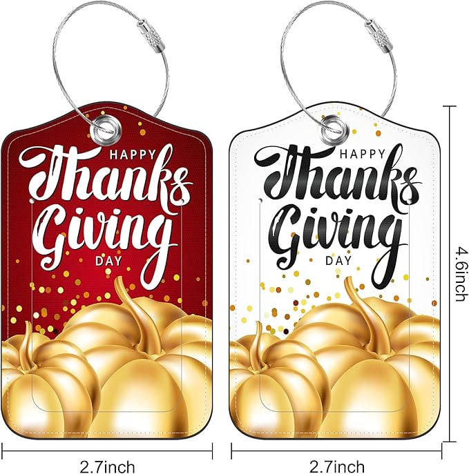 2 Pack Luggage Tag for Suitcase Happy Thanksgiving Day Leather Suitcase Tags with Privacy Name ID Label and Stainless Steel Loop for Travel Bag