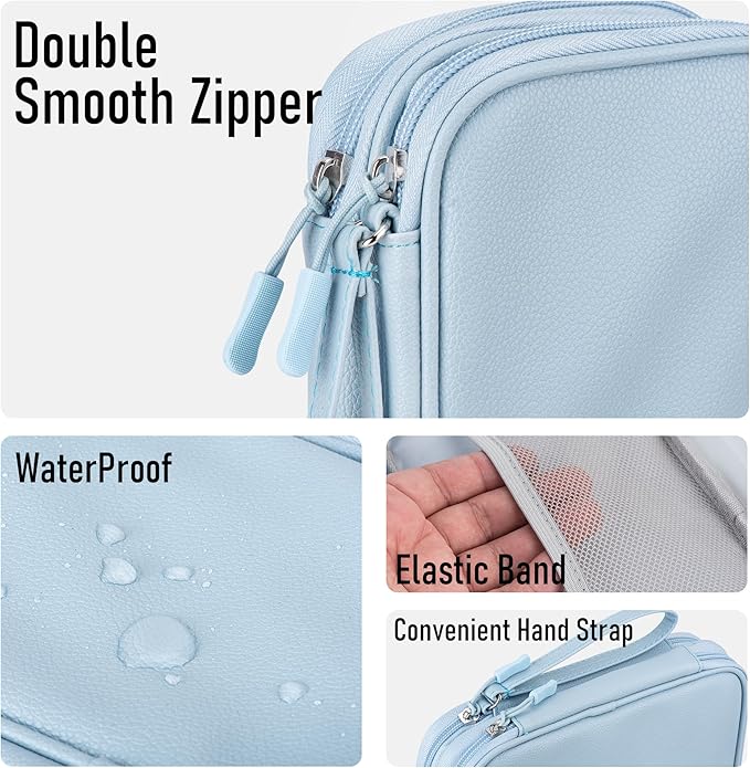 Leather Travel Electronic Organizer - Double Layer, Waterproof Case for Cables, Chargers, Phones & More - Portable, Shockproof Pouch for All Your Electronics Accessories (Light Blue, M)