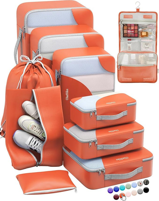 ALL INCLUDED 10 Set Sturdy Packing Cubes for Suitcases,OlarHike Travel Essentials,UPGRADED Anti-Tear Stitching, NEW Improved Luggage Packing Organizers for Travel Accessories (Orange)