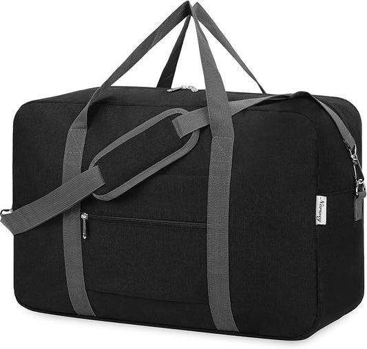Narwey Carry on Luggage 22x14x9 Airline Approved Foldable Duffle Bag for Travel Packable Duffel Bag for Traveling Airplane for Women and Men 40L (Black (With Shoulder Strap))
