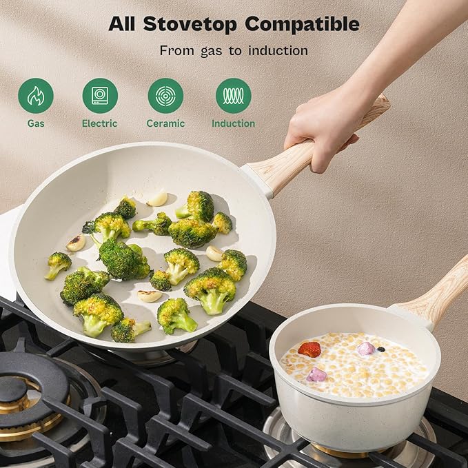 13 Pcs Pots and Pans Set, Nonstick Cookware Sets White Granite Induction Cookware, Non-toxic Healthy Non stick Kitchen Cooking Set with Frying Pans Set, Saucepans (PFAS/PFOA/PFOS Free)