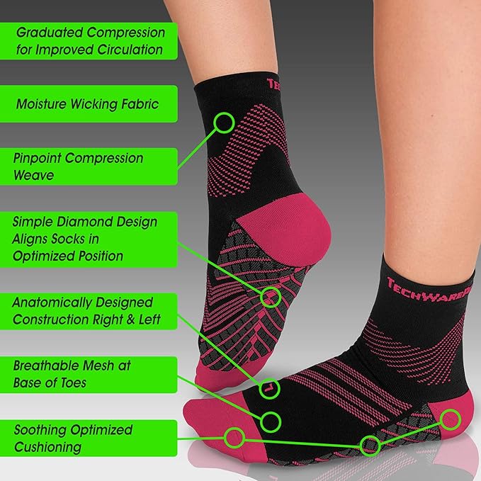 TechWare Pro Plantar Fasciitis Socks – Cushion Ankle Compression Socks Women & Men. Achilles Tendonitis Brace & Arch Support