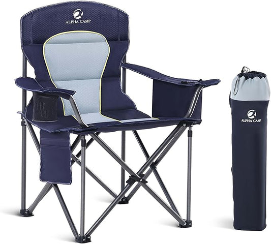 LET'S CAMP Oversized Folding Camping Chair Portable Outdoor Heavy Duty Padded Chairs Lawn Chair with Cup Holder, Storage Pocket and Cooler Bag, Supports 450LBS, for Camp, Travel, Picnic (Blue)
