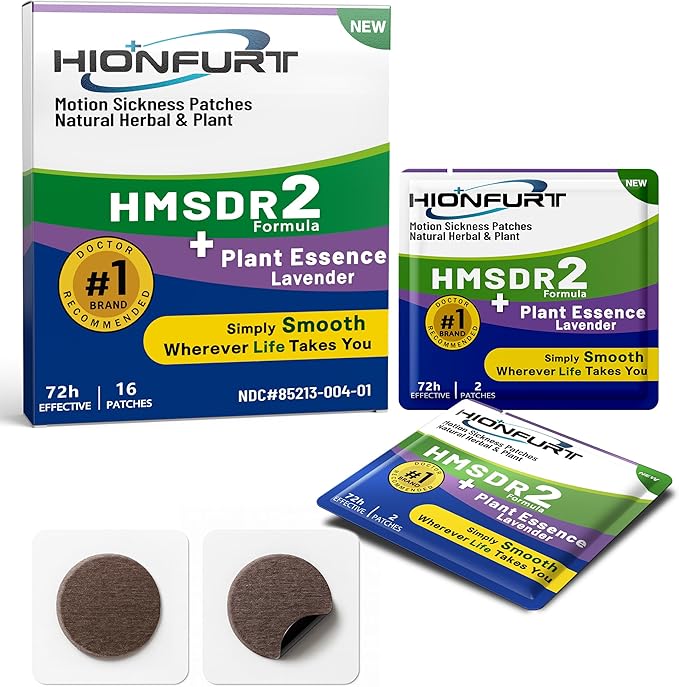 HMSDR2 16ct Motion Sickness Patches with Plant Essence – Lavender – Sea Sickness Patches for Cruise, Car, Airplane – Non-Drowsy, 72H Lasting