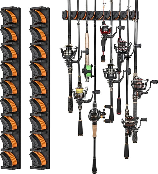 PLUSINNO V9 Vertical Fishing Rod Holders, 2 Packs Wall Mounted Fishing Pole Holders, Fishing Rod Racks Hold Up to 18 Rods or Combos, Fishing Pole Holders for Garage, Fits Most Rods of Diameter 3-19mm