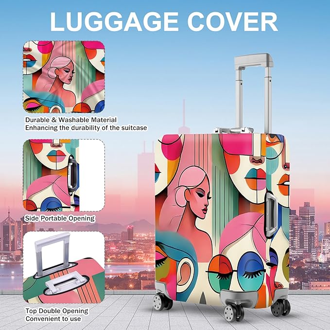 ANNA QUEEN Modern Art Fashion Luggage Cover, Stylish Abstract Woman Suitcase Protector, Washable, Stretchable Travel Sleeve for 20-22 Inch Luggage, Trendy, Colorful Design
