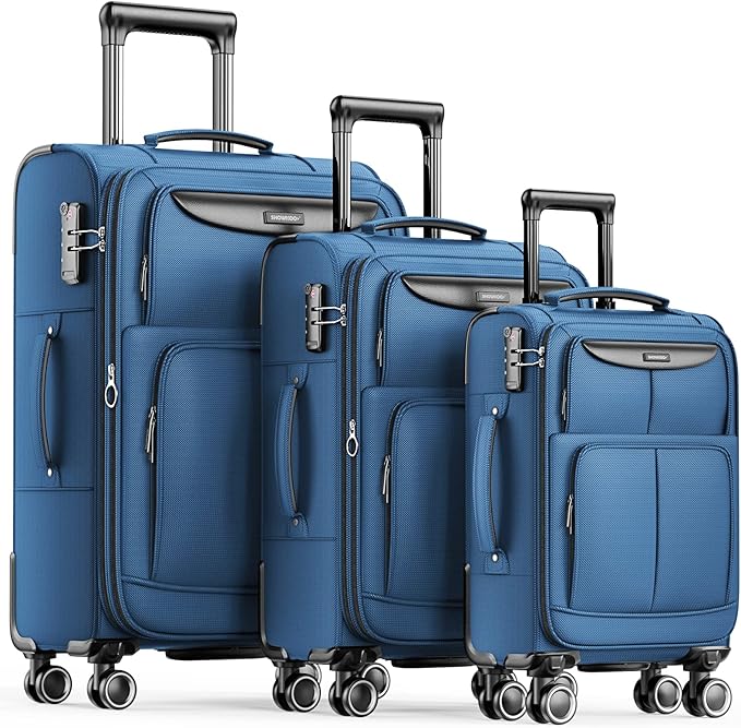 SHOWKOO Luggage Sets 3 Piece Softside Expandable Lightweight Durable Suitcase Sets Double Spinner Wheels TSA Lock Sky Blue (20in/24in/28in)