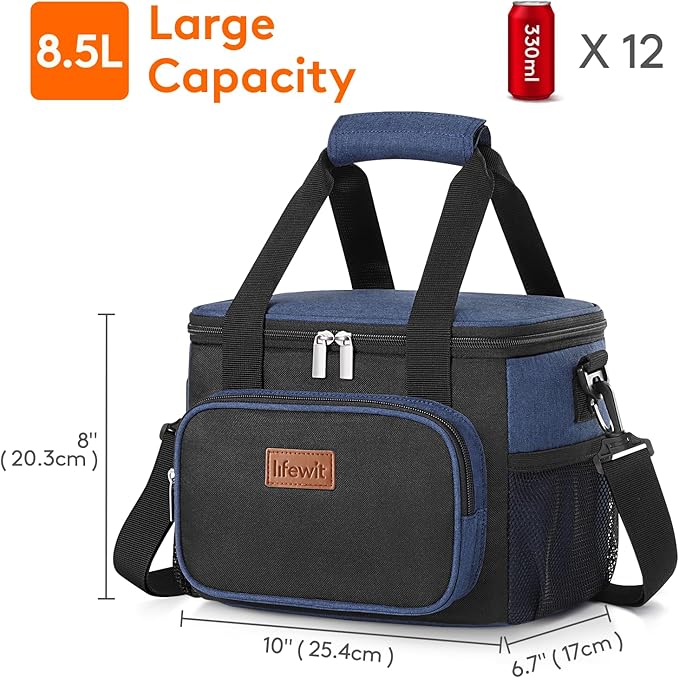 Lifewit Medium Lunch Bag Insulated Lunch Box Soft Cooler Cooling Tote for Adult Men Women, Black and Blue 12-Can (9L)