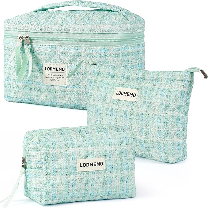Makeup Bag 3 PCS Quilted Cosmetic Bags for Women, Large Travel Make up Bag Set Cute Cotton Toiletry Bag Organizer Pouch for Purse, Green