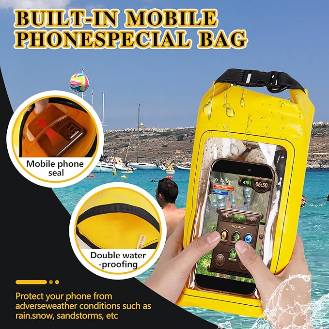 IP68 Waterproof Dry Bag, 2L - Roll Top Waterproof Pool Bag，Dry Bags for Kayaking Waterproof-w/Phone Pouch,Large Waterproof Phone Pouch,Boating & Kayak Accessories Camping (Yellow)
