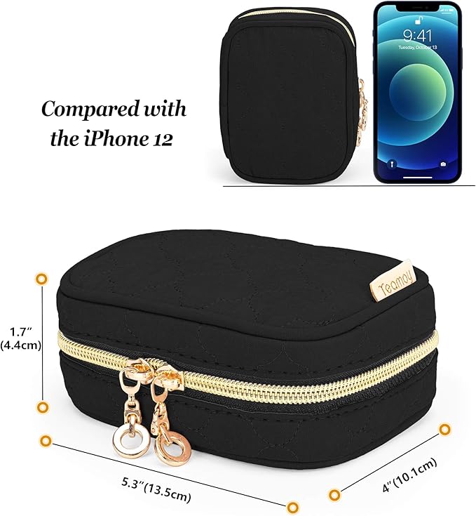 Teamoy Mini Jewelry Travel Case, Storage Organizer Bag for Earrings, Necklace, Rings, Black