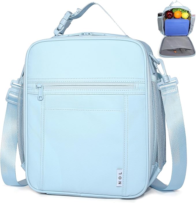 NOL Nylon Waterproof Kids Lunch Bag, Insulated Lunch Bag, Lunch box Cooler, Reusable, Zip Closure with Buckle Handle Holds Lunch Box, Snacks & Water Bottle for School Work, Light blue