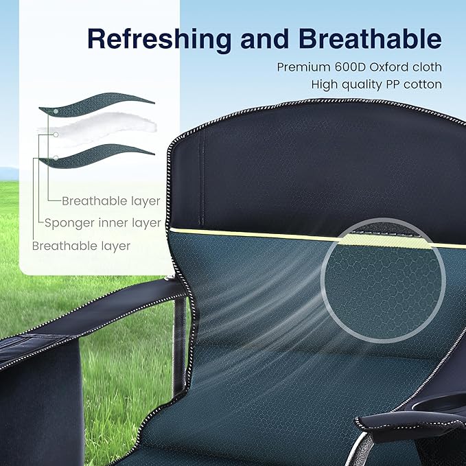 HIGH POINT SPORTS Oversized Camping Folding Chair, Heavy Duty Portable Outdoor Chair, Foldable Camp Chair with Cup Holder and Cooler Bag Support 450 LBS, 2 Pack, Green