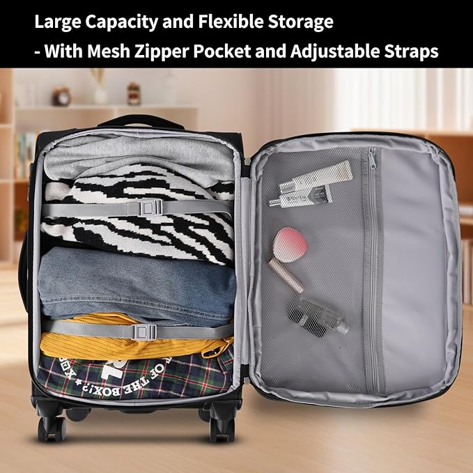 3-Piece Softside Expandable Luggage Set with Front Open Pocket, Lightweight and Durable Oxford Fabric Suitcase Set with TSA Lock (Black, 20in/24in/28in)