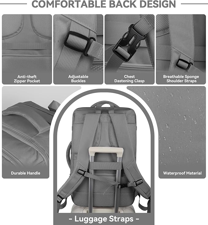 Carry On Backpack, 50L Extra Travel Laptop Backpack for Men Women, Big Bag Business Travel Essentials Gifts for men, 17 Inch Laptop Backpack Computer Bag Gifts for Him Men, Grey