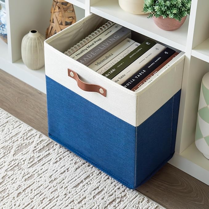 OrganiHaus 13x13 Cube Fabric Storage Bins Set of 4, Fabric Storage Cubes w/ Vegan Handles, 13 inch Collapsible Bins for Clothes & Toy Organizer, Cubbies Organizer, 13x13 Basket for Decor - Navy Blue