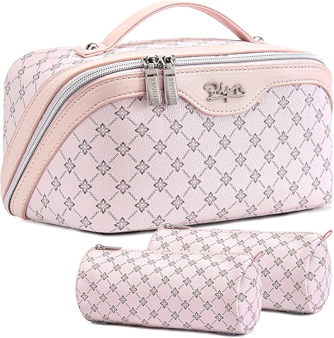 BOYATU Travel Makeup Bag Cosmetic Bags for Women: 3 Pcs Set Portable Make up Bag with Handle - Vegan Leather Toiletry Bags with Compartments - Makeup Organizer for Travel Essentials(01-Pink)