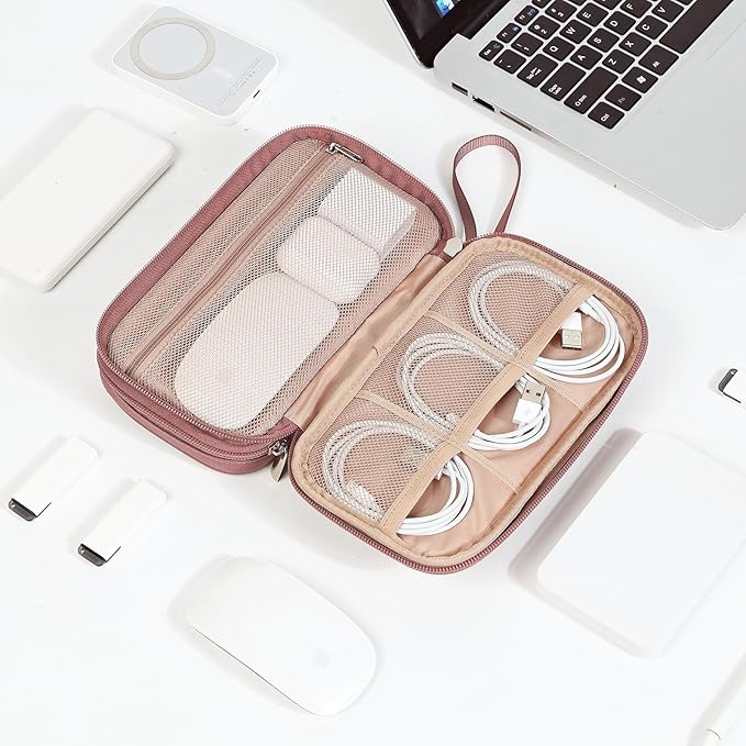 NISHEL Travel Cord Organizer Case, Double Layers Tech Electronic Bag, Essentials for Charger, Cable, Phone, Flash drive, Rose-wood Pink