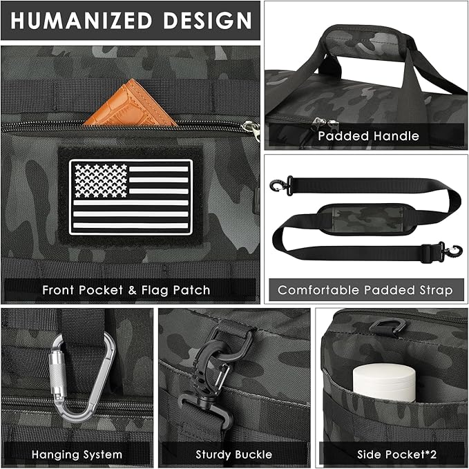 ETRONIK Travel Bag for Men Women, Gym Bag & Tactical Duffle Bags for Travel, Carry on with Toiletry Bag and Shoe Compartment, Weekender Overnight Trip with Wet Pocket for Workout Medical, Black Camo