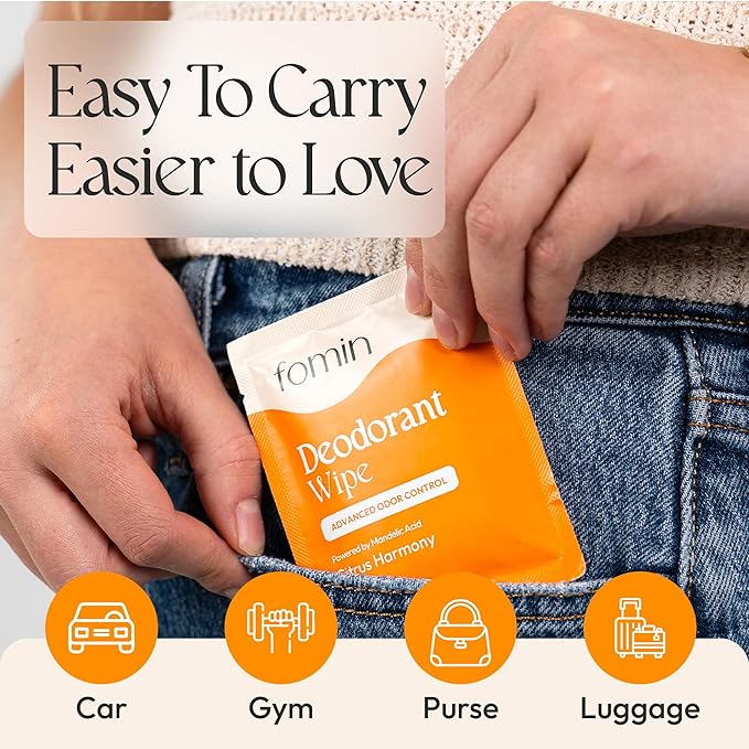FOMIN Acidified Travel Deodorant Wipes For Women & Men - 30 Count - Citrus Harmony - pH Balanced, Mini Deodorant Travel Size Wipes - Plastic-Free, Individually Wrapped Underarm Body Wipes