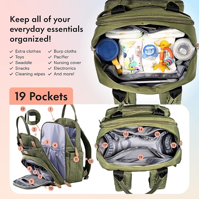 Dikaslon Diaper Bag Backpack with Portable Changing Pad, Pacifier Case and Stroller Straps, Large Unisex Baby Bags for Boys Girls, Multipurpose Travel Back Pack Moms Dads, Green