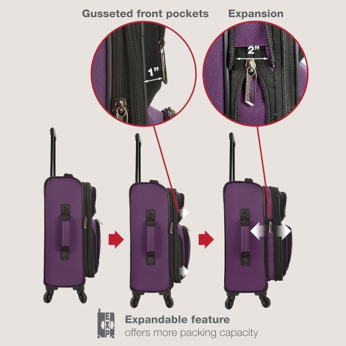 U.S. Traveler Lightweight Rolling 20" Carry On Luggage Softside Suitcase, Purple, 4 Wheel