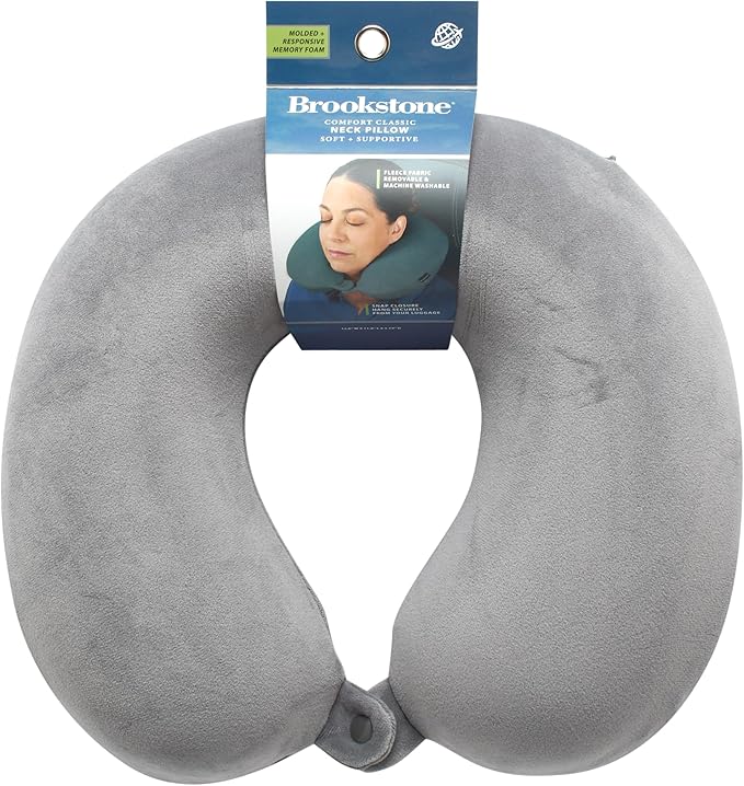 Brookstone Travel Neck Pillow - Lightweight Fleece Casing U-Shaped Stuffable Memory Foam Travel Pillow for Sleeping and Neck Support, Size One Size, Grey