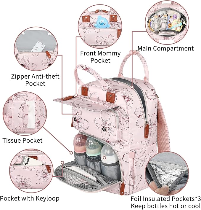 Diaper Bag Backpack, Baby Girl Diaper Bag for Mom, Large Pink Floral Diaper Bag Backpack for Girls, Waterproof Mom Backpack for Work Travel Holiday with Insulated Pockets and Stroller Straps