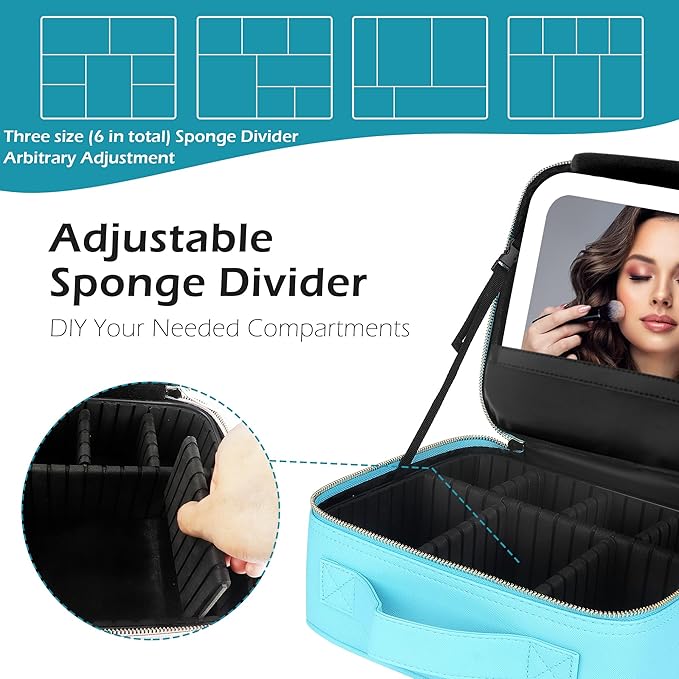 MOMIRA Travel Makeup Bag Cosmetic Bag with Lighted Mirror, Adjustable Brightness in 3 Color Scenarios, Waterproof, 10x Magnifying Mirror, Rotatable Independent Light Mirror- Diamond Blue(Solid)