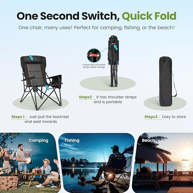HIGH POINT SPORTS Oversized Folding Camping Chairs for Adults, High Backrest Heavy Duty Lawn Chairs Support 500 LBS Portable Collapsible Camp Chairs with Cup Holders,Side Pocket, Black