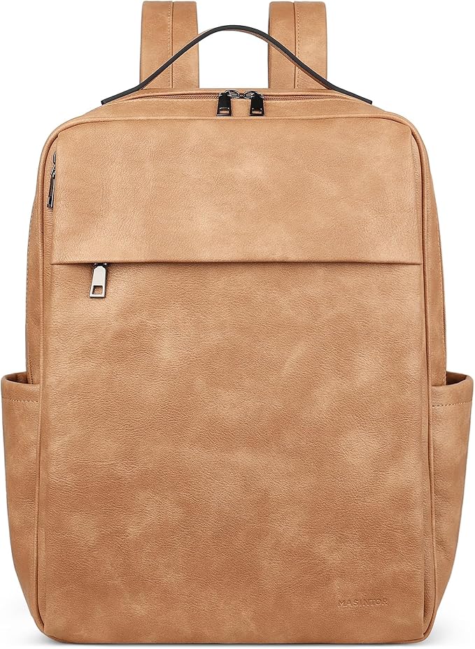 MASINTOR 15.6 inch PU Leather Laptop Backpack Purse for Women, Large College Casual Backpack Travel Bag Retro Camel