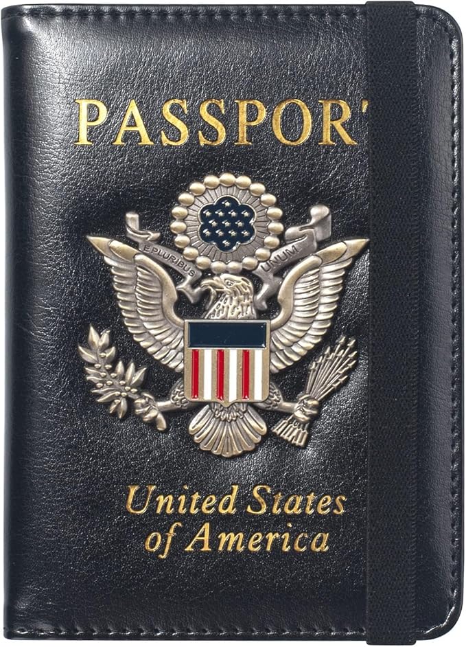 Passport Holder for Travel Passport Cover for Men Passport Wallet Case With 3D Metal Badge Protector Leather Card Case RFID Blocking Women Travel Accessories Document Organizer (Black)