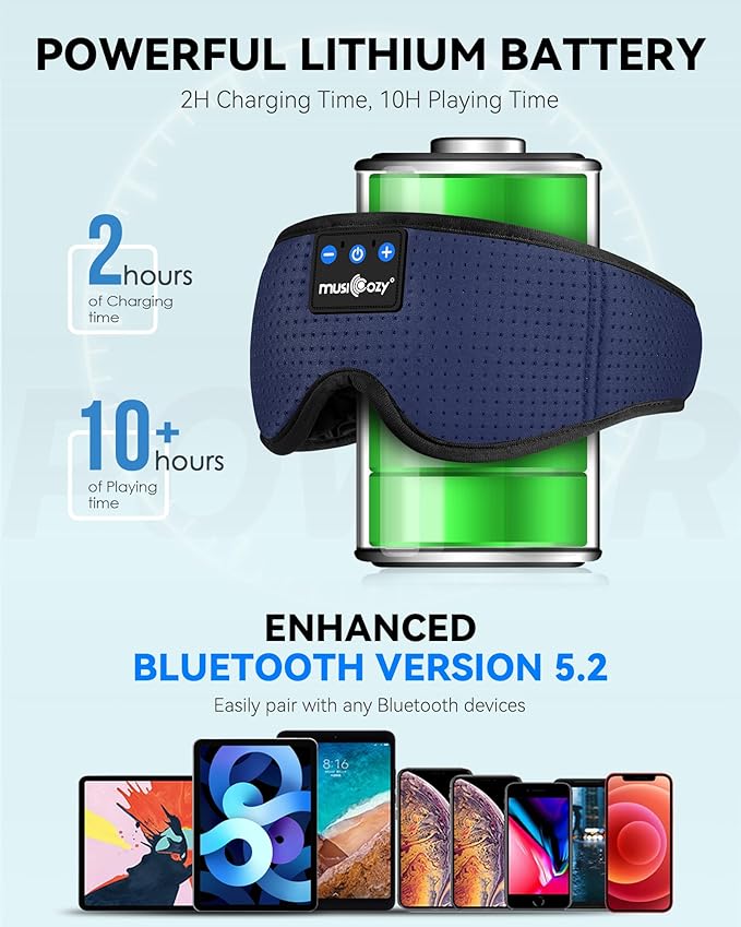 MUSICOZY Sleep Headphones Bluetooth Sleep Eye Mask for Sleeping, Headband Wireless Headphones Sleeping Masks, Sleep Earbuds for Side Sleepers Men Women with Speakers Cool Tech Gadgets(Blue)