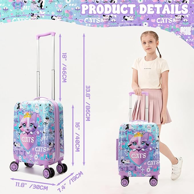 Kid’s Luggage Set 5 Piece Suitcase Set 16’’ Hardside Luggage with Spinner Wheels Girls Carry on Toddler Travel Rolling Suitcase Carry on Luggage Airline Approved