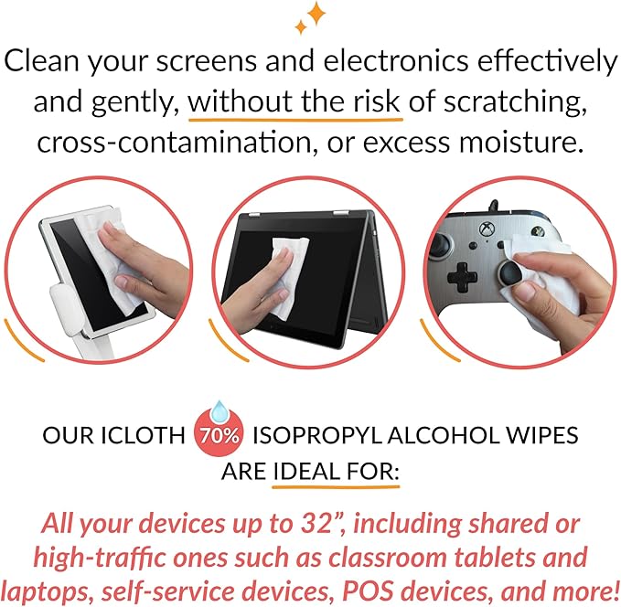 iCloth 70% Isopropyl Alcohol Large Screen and Electronics Wipes, Lint-Free, Streak-Free, Fast-Drying, Removes Dust and Fingerprints (100 Wipes)