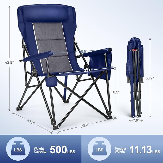 LET'S CAMP Oversized Camping Chairs 29.52" High Back Heavy Duty Lawn Chair Support 500LBS, Portable Collapsible Chair with Cup Holder, Side Pocket,2 Pack(Blue)