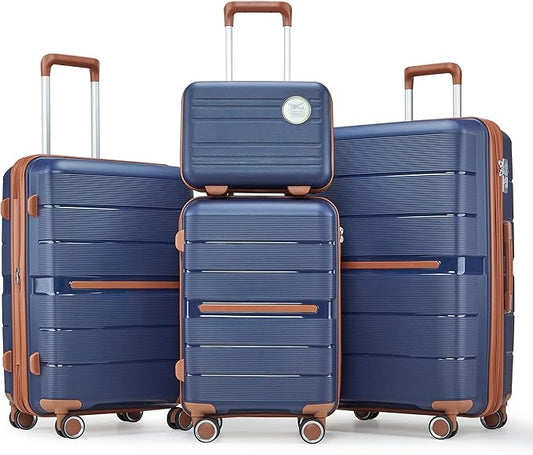 Campfun Luggage Sets 4 Piece, Expandable Carry On Luggage Set Hardshell PP, Suitcase Set with Double Spinner Wheels, Checked Durable Lightweight with TSA Lock, 14/20/24/28in, Blue Brown(A)