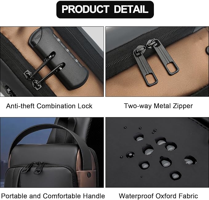 Sling Bag for Men Anti-theft USB Crossbody Shoulder Backpack Purse Waterproof PU Leather Chest Bag Travel Daily Use