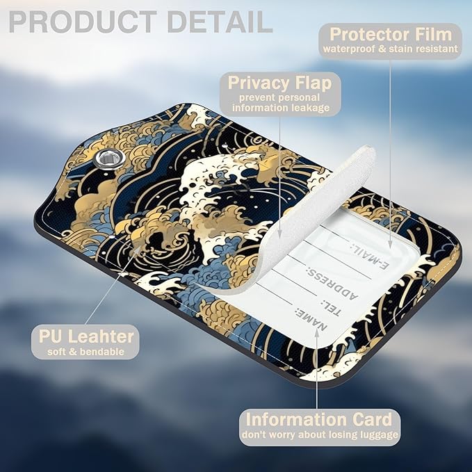 Japanese Art Blue and White Waves Set of 2 Luggage Tags for Suitcases Leather Suitcase Tags Identifiers with Privacy Name Label and Stainless Steel Loop for Women Men Travel Luggage Accessories