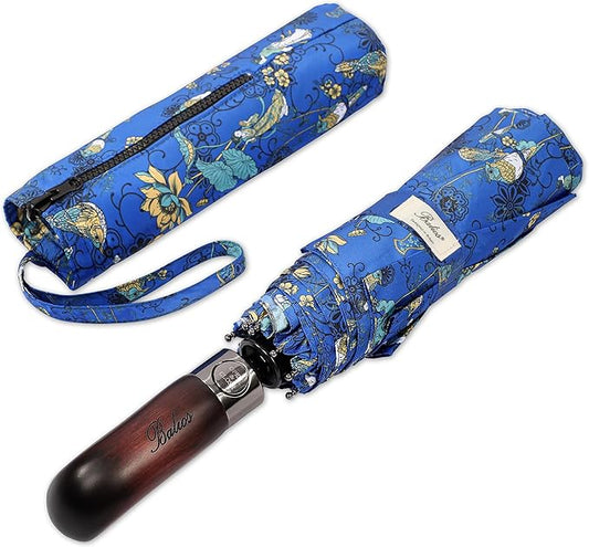 Balios Travel Folding Umbrella with Real Wood Handle Auto Open Close Vented Windproof Canopy - Designed in UK