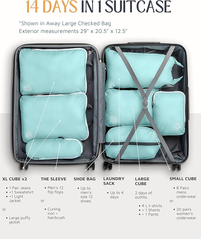 Large Compression Packing Cubes for Travel-Packing Cube Luggage Organizers 7 Piece Set for Checked Luggage-Ultralight, Expandable/Compression Bags by TRIPPED Travel Gear (DustyTeal/White)