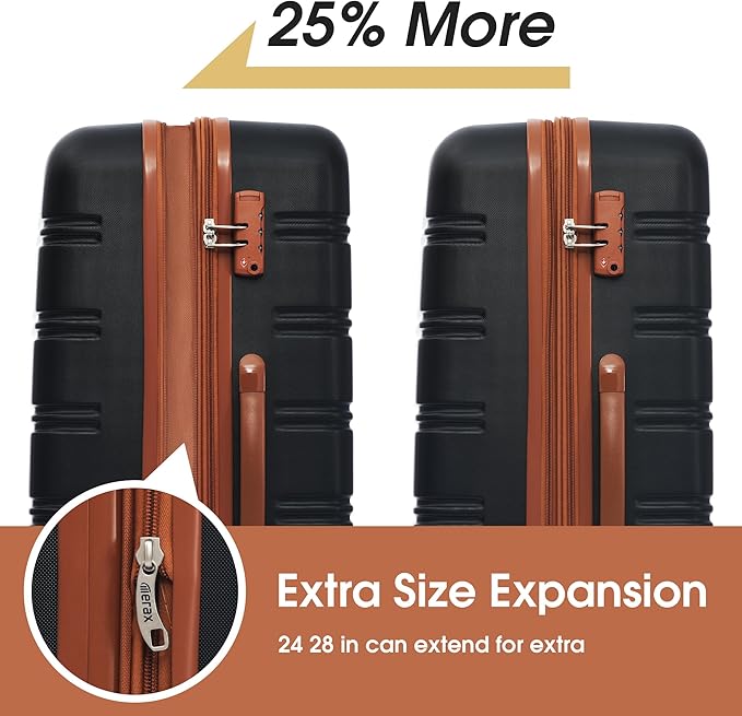 Merax Luggage sets of 3 Piece 20 24 IN Carry on Luggage Hard Case Black and Brown Luggage Expandable Checked Luggage Suitcase Set with Wheels