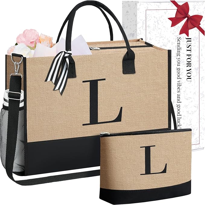 BAGAIL Initial Tote Bag, Personalized Birthday Gifts for Women, Teacher, Friends, Mom, Wedding, Monogrammed Beach Bag