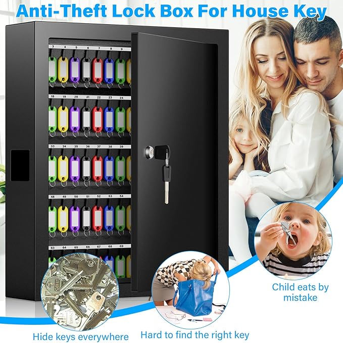 125 Keys Key Lock Box Wall Mount, Anti-Theft Key Organizer with Colored Key Tags and Key Drop Slot, Conveniently Key Cabinet for Car Garage House Rental Office Business