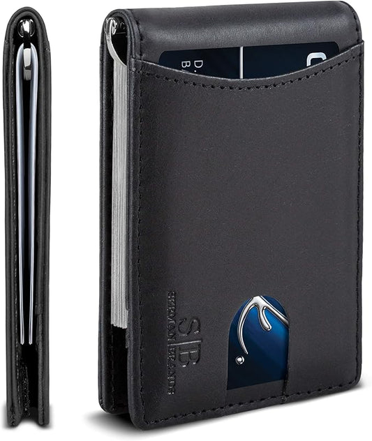 SERMAN BRANDS RFID Blocking Slim Bifold Genuine Leather Minimalist Front Pocket Wallets for Men with Money Clip Thin Gift